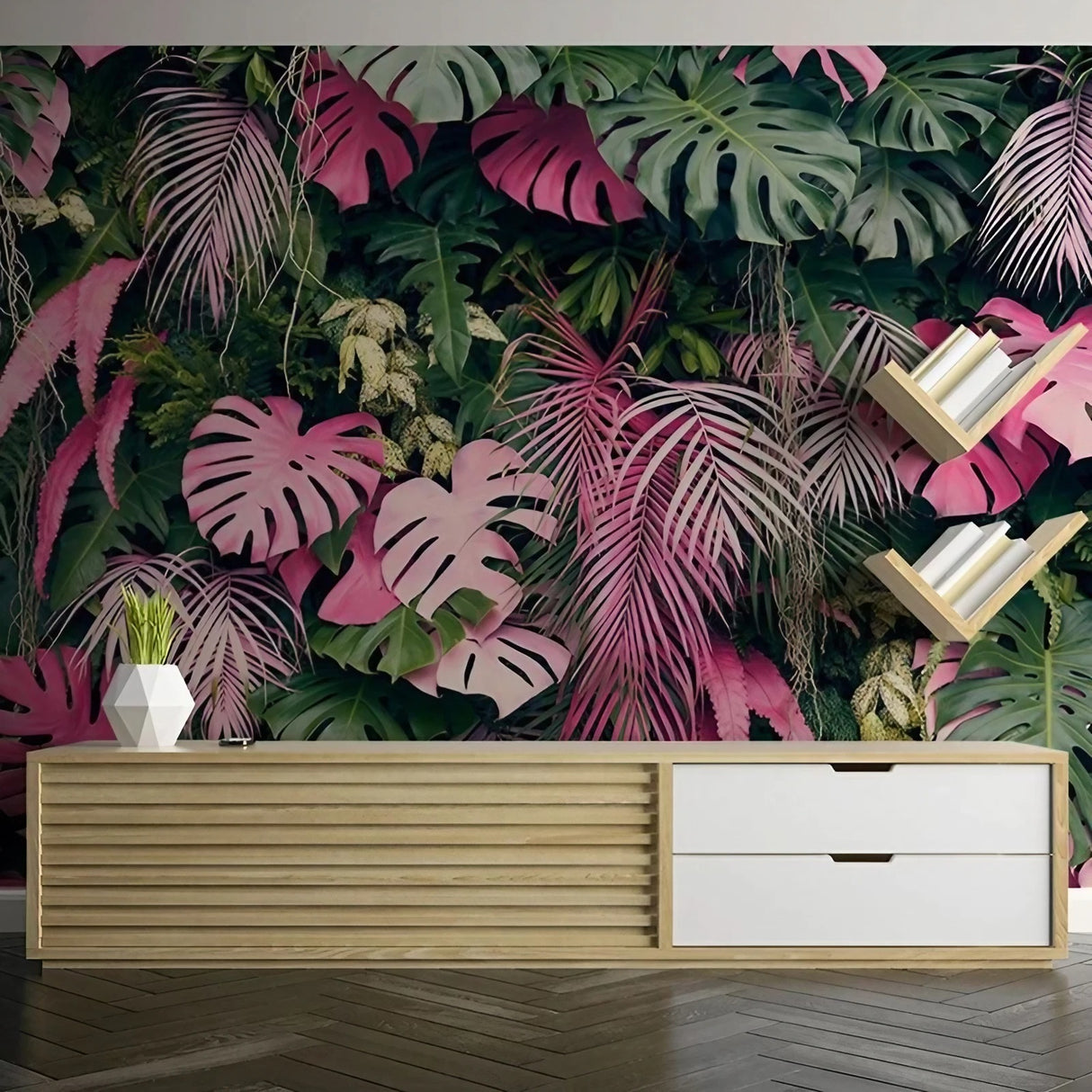 Papier peint jungle vert et rose