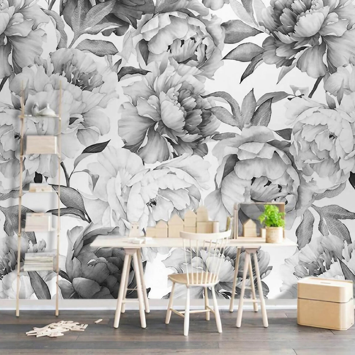 Papier noir et blanc pivoines