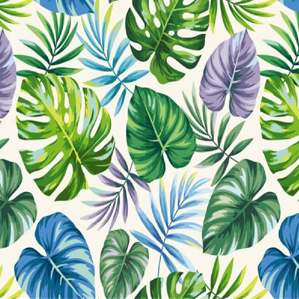 Papier peint feuilles tropicales vertes bleues et violettes