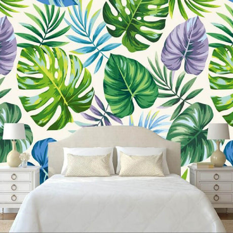 Papier peint feuilles tropicales vertes bleues et violettes