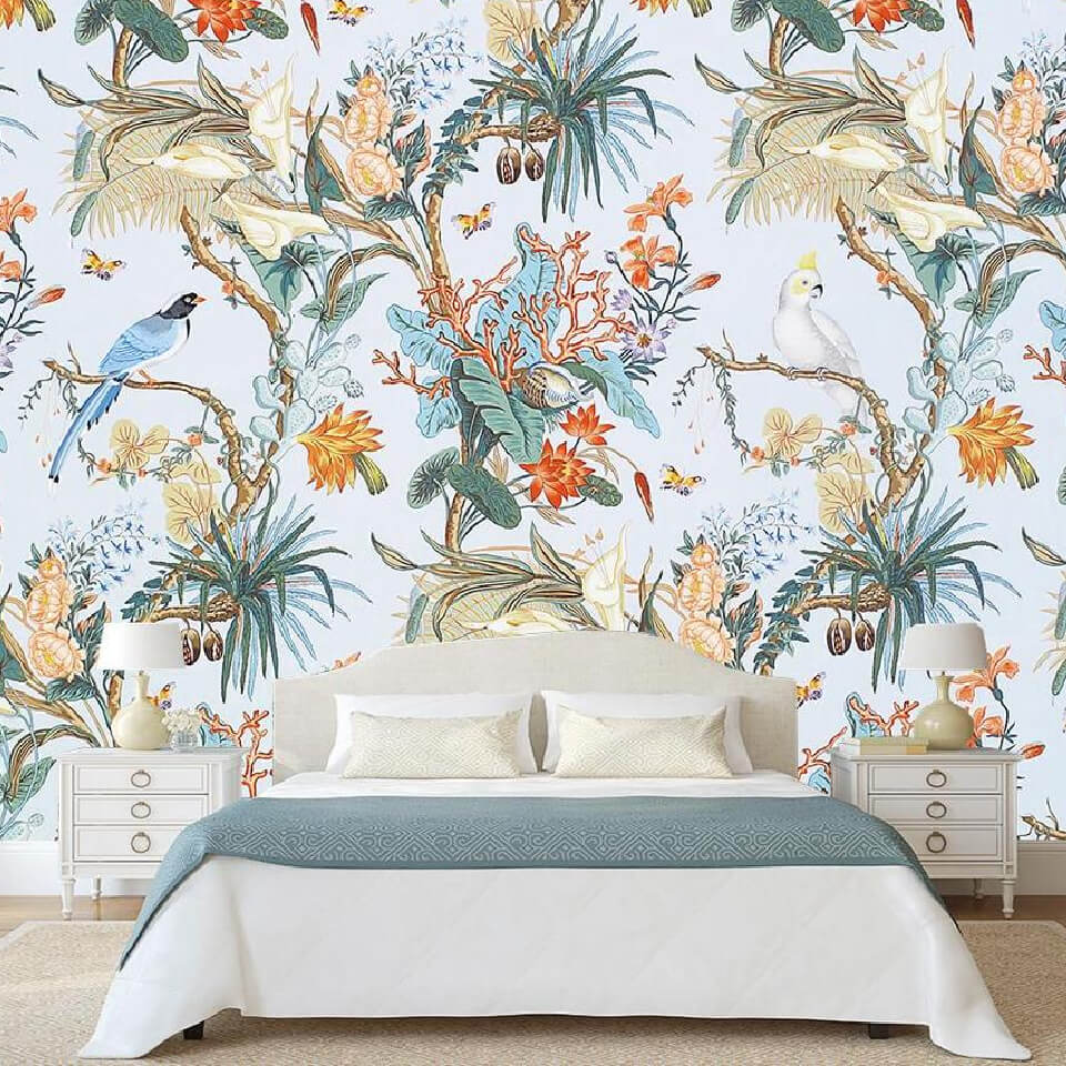 Papier peint jungle oiseaux exotique vibrant