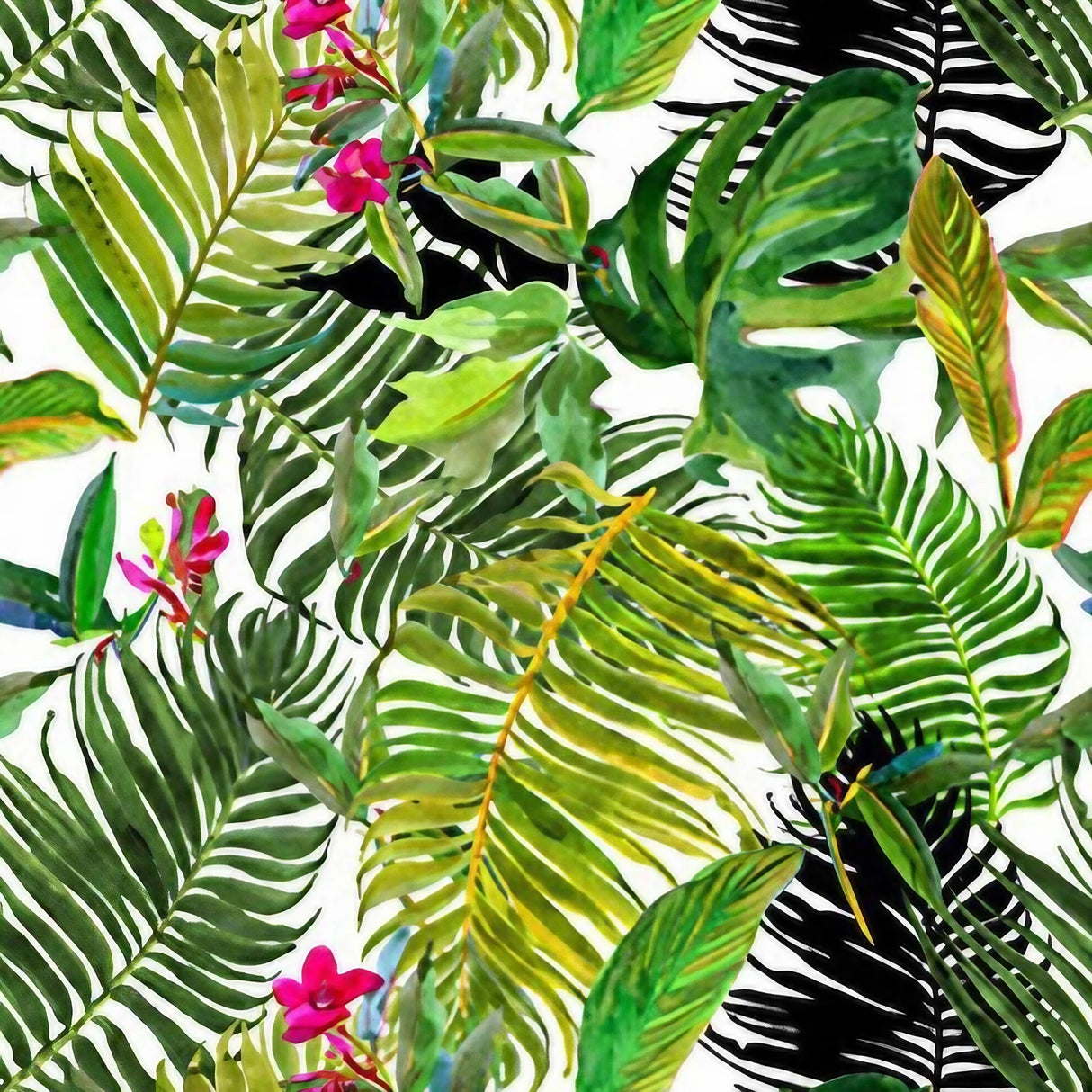 Papier peint tropical vert avec fleurs roses