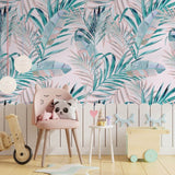 Papier peint vert et rose feuilles tropicales