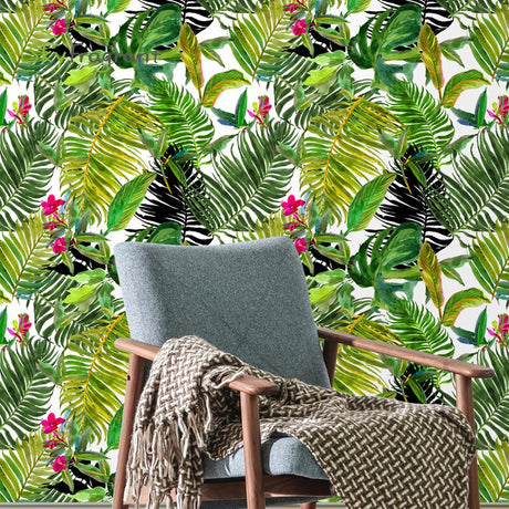 Papier peint tropical vert avec fleurs roses